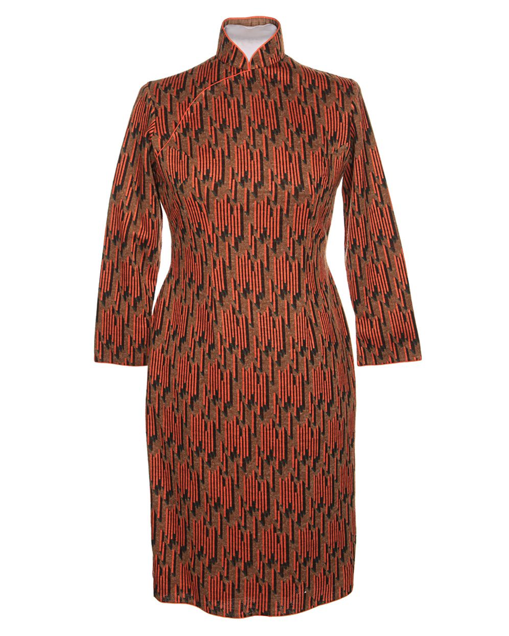 60s Brown Patterned Cheongsam Dress