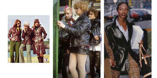 Collage of three images. Left image is a photograph of 3 white women leaning on a fence all wearing different styles of maroon shade of brown leather jackets. Central picture is a photograph of a group of punks (two women and one man) all wearing leather jackets with messed up and spikey hair. Right image is of a black woman walking down a street wearing a black leather coat tied in at the waist.