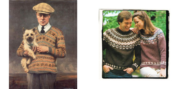 Collage of two images. Left image is a coloured painted portrait featuring a white man wearing a colourful Fair Isle jumper, patterned flat cap and holding a small dog in his right arm. Image to the right depicts a white man and a woman sat close together wearing similar neutral coloured Fair Isle jumpers with a backdrop of greenery.