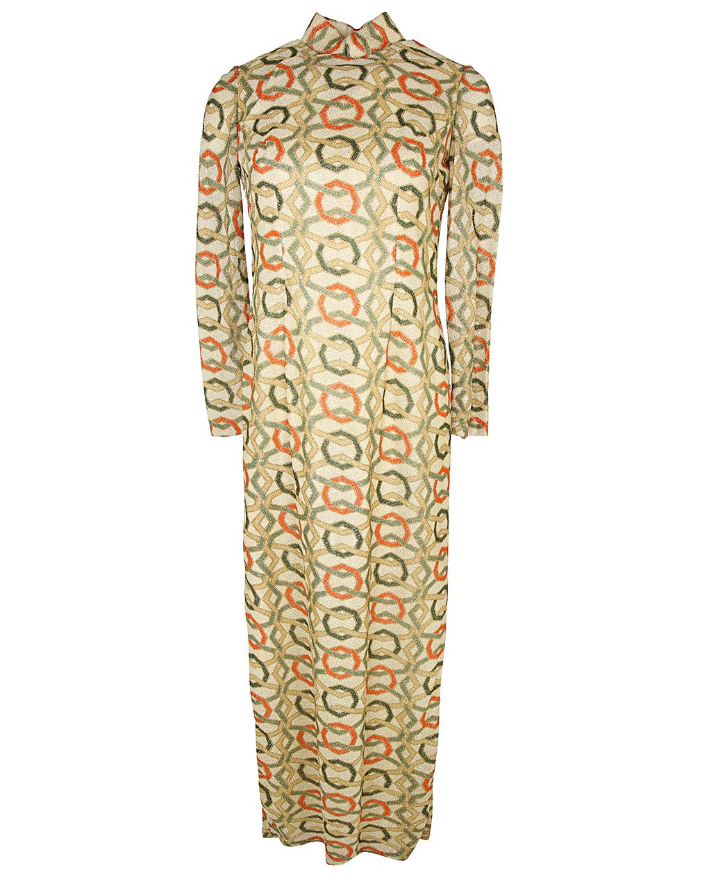 70s Gold Cheongsam Dress With Circular Pattern