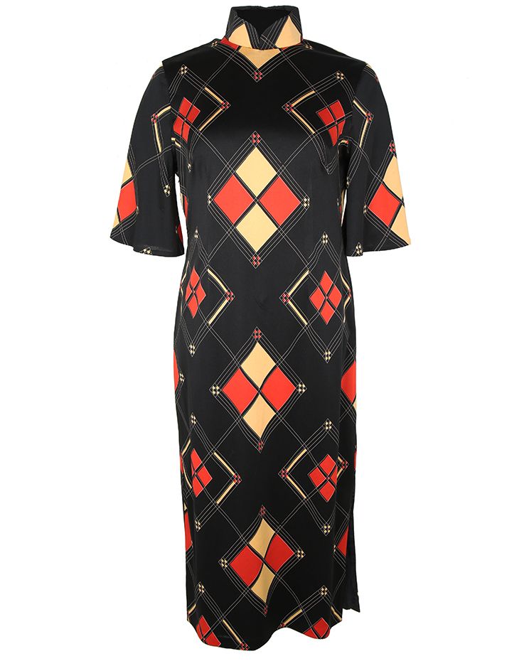 Vintage 70s Black Geometric Print Harlequin Cheongsam Dress