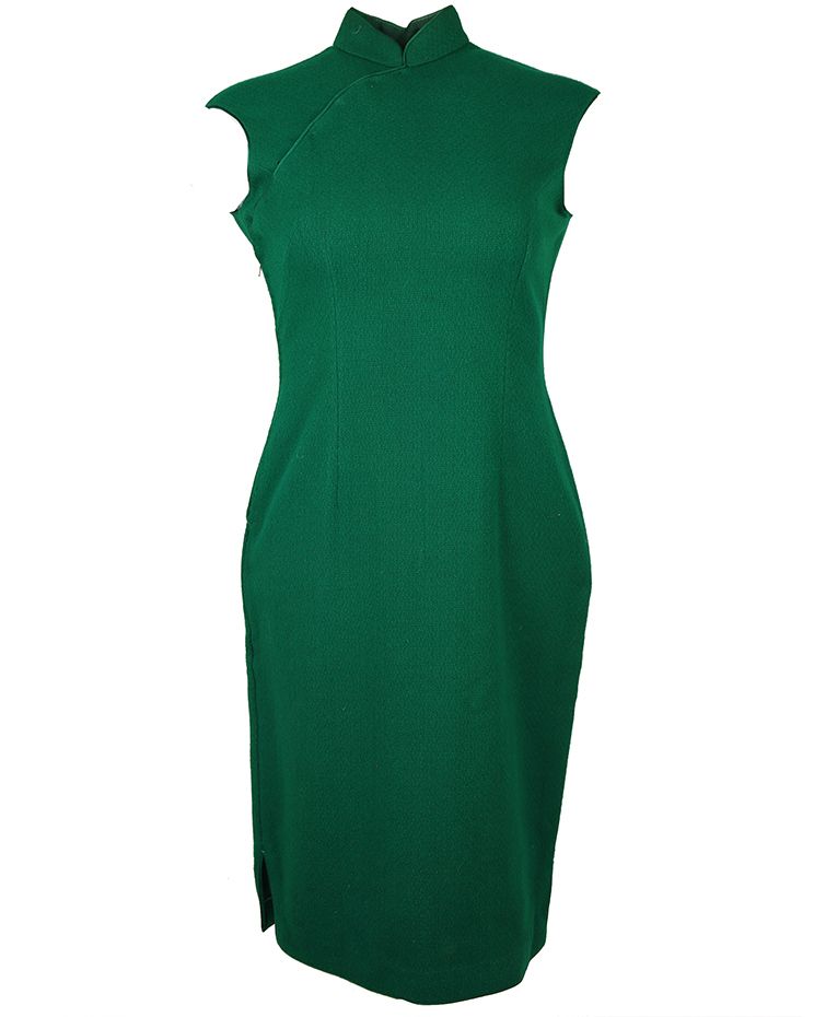 60s Green Wool Cheongsam Dress