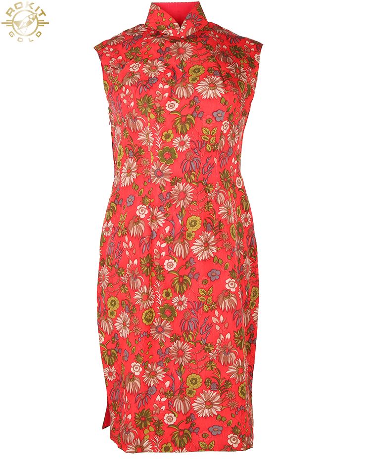 70s Red Floral Cheongsam Dress