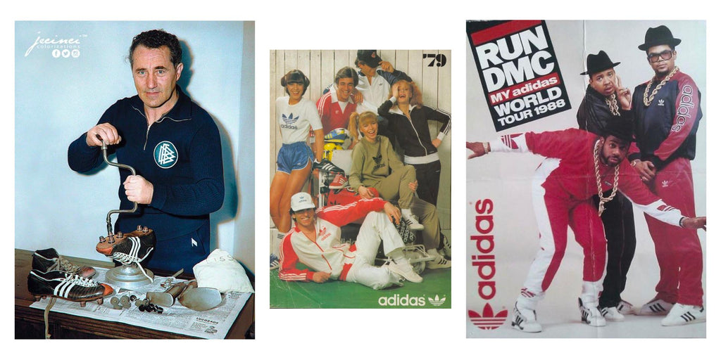 Collage of 3 images. Left image is a photograph of a white man with black hair engineering a football shoe with machinery. Central image is a magazine advert for 80s Adidas of group of 6 white men and women posing for a photograph, some standing up a couple perched and lying down, all wearing full adidas tracksuits. Right image is a tour poster for Run DMC which shows 3 black men, two standing up right and one posing with outstretched arms. It says adidas on the left side vertical to the image.