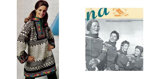 Collage of two images showing Nordic Knitted Jumpers. Left image shows a white woman with brown hair standing with hands on hips wearing a black and white Nordic knt with colourful rimming.  Right image is a magazine clipping with an image of 4 women skiiers wearing Dale of Norway knitwear 