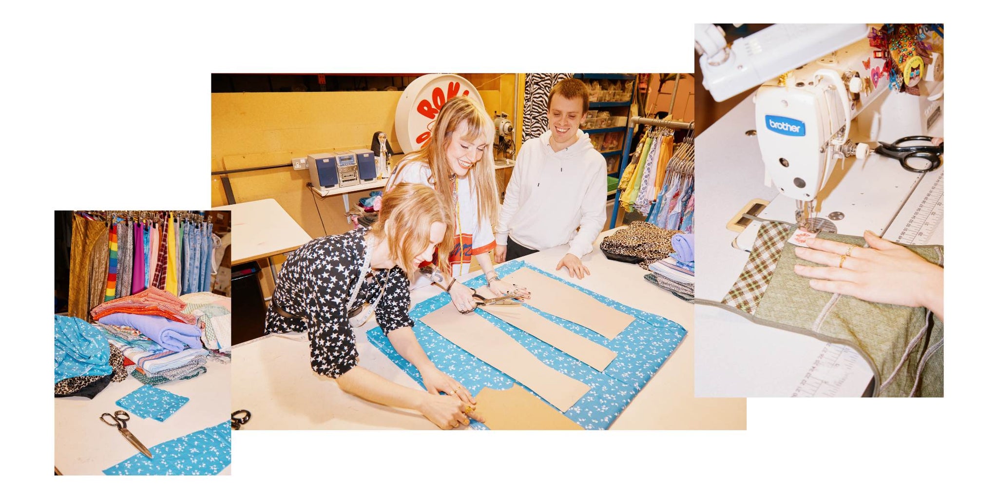 Collage of 3 photograph images with high exposure. Left image shows a pile of fabrics on a white table with a pair of scissors with a background of a rail of clothes. Central image shows two women and a man standing over a large table all smiling and looking at sewing patterns. Right image shows a hand at a sewing machine with a garment showing the Rokit Originals logo. 