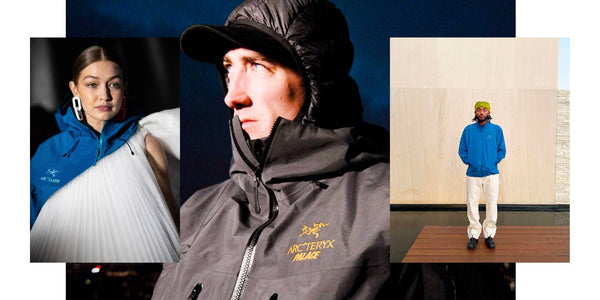 Collage of 3 images. Left image is a portrait photograph of a white, blonde woman wearing a cut off blue Arc'teryx jacket over a white tulle dress. Central image is of a white man wearing a black Arc'teryx & Palace raincoat with hood up, with a backdrop of dark blue sky. Right image shows a black man wearing a blue Arc'teryx jacket and cream trousers standing in a spacious hall.