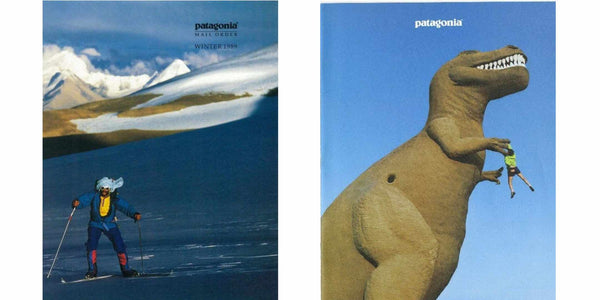 Collage of 2 images. Left image shows a person skiing down snow covered mountains wearing padded ski-wear and a head wrap. The words: 'Patagonia' 'Mail Order' and 'Winter 1989' are printed in the right hand corner. The right image shows a person in shorts, a lime green light jacket and trainers climbing the arms of a large dinosaur creature.  Blue skies in the background. The words: 'Patagonia' is printed on the top centre of the image.