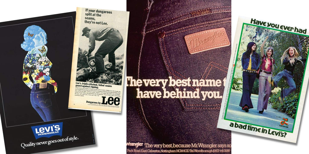 Collage of 4 historical magazine cuttings all showing different vintage denim brands. From left to right there is Levi's, Lee, Wrangler & Levi's again