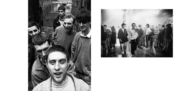 Collage image made up of 2 separate images. Left image is a portrait image of a group of 6 white men standing in an urban alleyway.  Right image depicts a misty club scene with a large group of young people in baggy clothing.