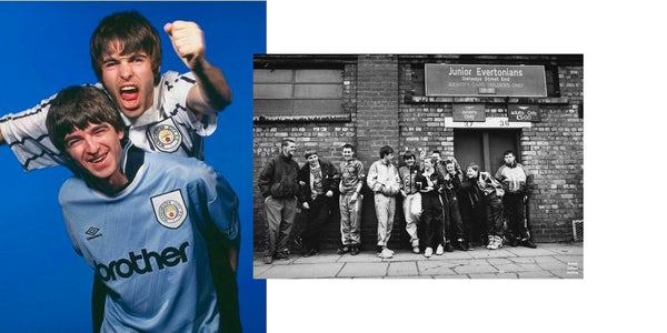 Collage image of 2 images. Left image of two men in football shirts, one has jumped on the other's back. Right image of a group of young football fans (boys) lining up against a brick wall.