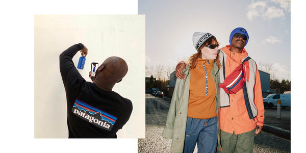 Collage image of two images. Left image shows the back of a man wearing Patagonia and holding a little bottle and an iphone. Image to the right shows a woman and a man walking down a road wearing bright and baggy clothing.