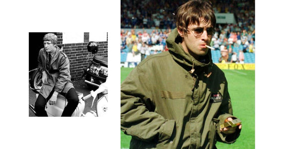 Collage image of 2 images. Left image shows a white man wearing a tie and a parka jacket sat on a motorbike. Right image shows a man smoking a cigarette on a football pitch wearing a parka jacket.