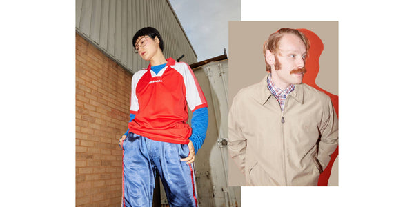 Collage of 2 images. Left image shows a portrait of a woman wearing bright sportswear with the backdrop of an industrial estate. Right image is of a man with a moustache wearing a beige jacket.