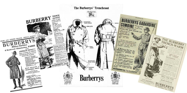 5 separate magazine clippings showing the Burberry trench coat through different illustrations of men wearing it. Central image just shows the coat itself with its details labelled. All the text is undecipherable except each clipping has the word 'Burberry' in caps at the top of each page.