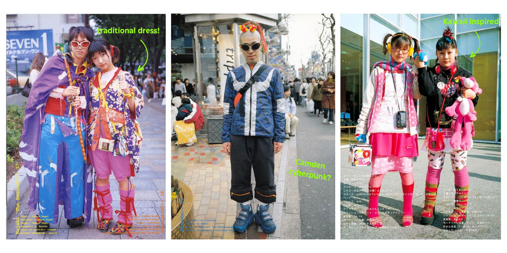 Collage of 3 magazine cut outs.  Left image: 2 Japanese locals wearing lots of coloured layered clothing including denim and kimonos on the streets of Tokyo. Centre: One light skinned man wearing heavy black sunglasses, majority bald with a pony tail of colourful hair. Wears boxy clothing and chunky shoes and stands on a pavement in Tokyo. Right: two young Japanese girls who wear bubblegum pink clothing, short skirts and knee high socks.