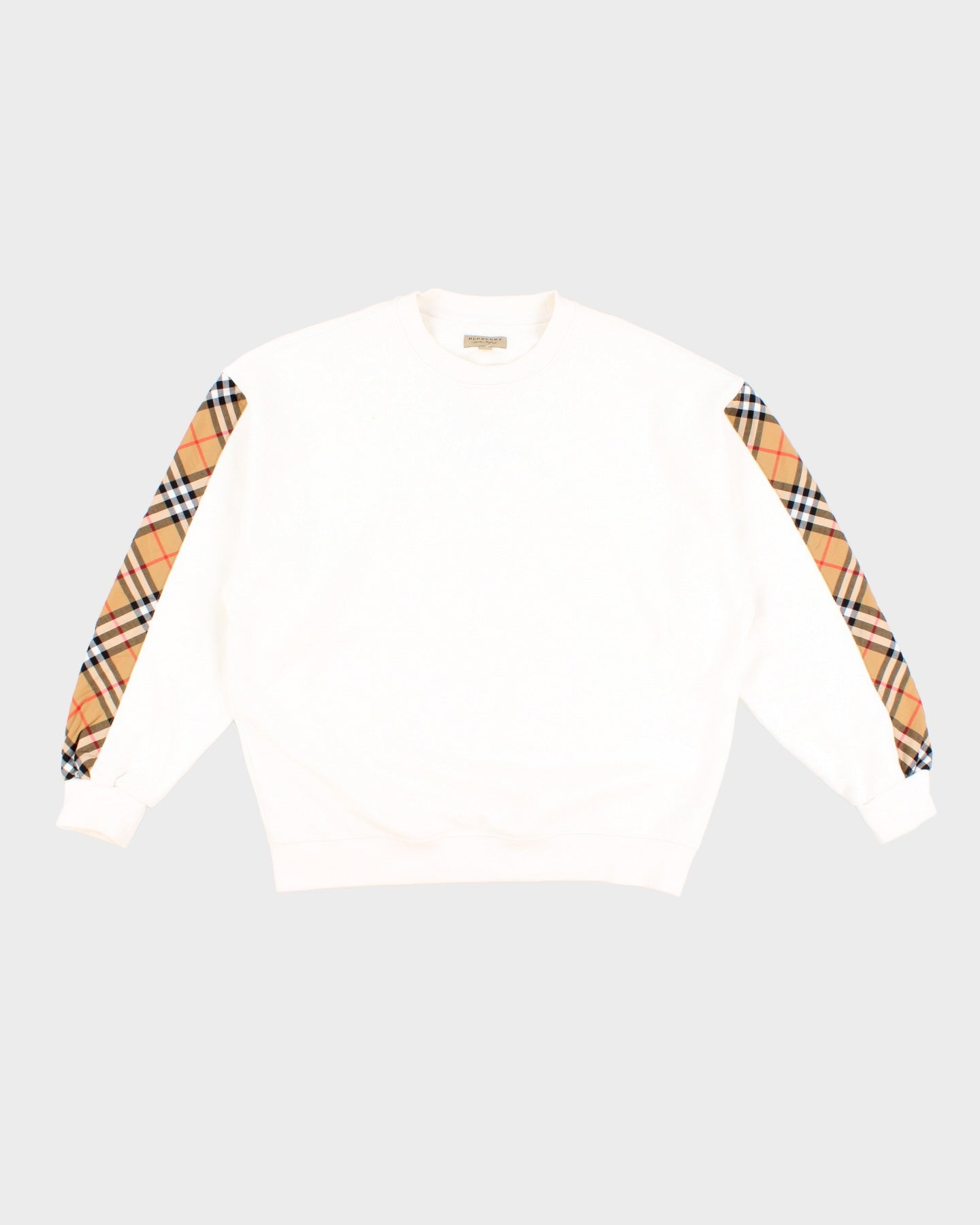 image of Burberry Oversized Cotton Blend Sweatshirt In White With Nova Check Sleeve - M