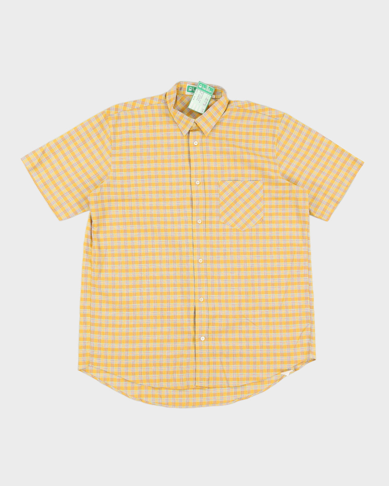 Image of Vintage 80s Benetton Yellow Checked Short Sleeved Shirt Deadstock With Tags - L