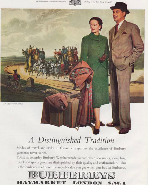 Magazine clipping for Burberry. Shows cut outs of a white man and woman to the  right wearing smart suits with a pile of luggage with a backdrop of a painting of horse and carriages moving down a path. Text below says 'A Distinguished Tradition' followed by Indistinguishable text and 'BURBERRY' written in capitals.