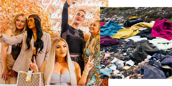 A collage image. Image to the left: a group of 5 people dressed up in going out clothing with a background of pink and white petals and a neon sign. Image to the right: a pile of discarded clothing in a landfill.