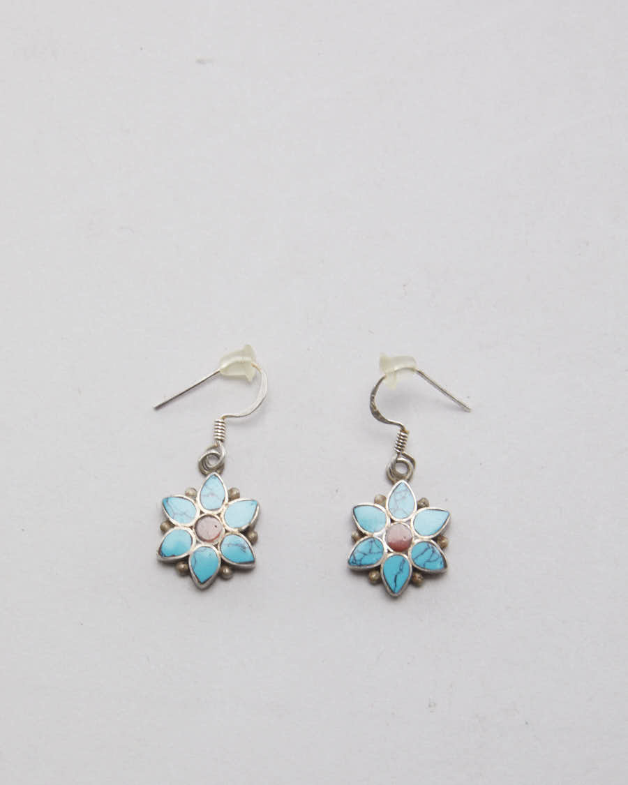 image of Silver Turquoise Flower Earrings