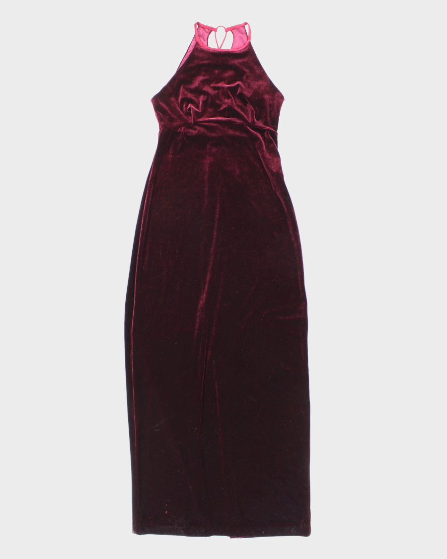 image of Womens 1990s Deep Burgundy Velvet Halter Evening Maxi Dress - S