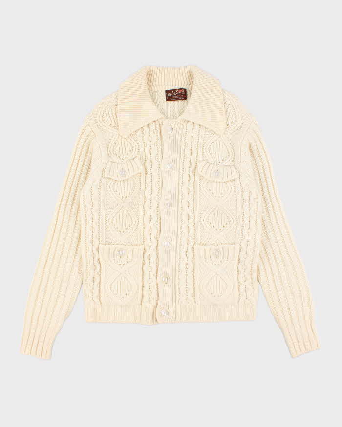 image of Womens Vintage Cream Cable Knit Wool Button Up Cardigan - L