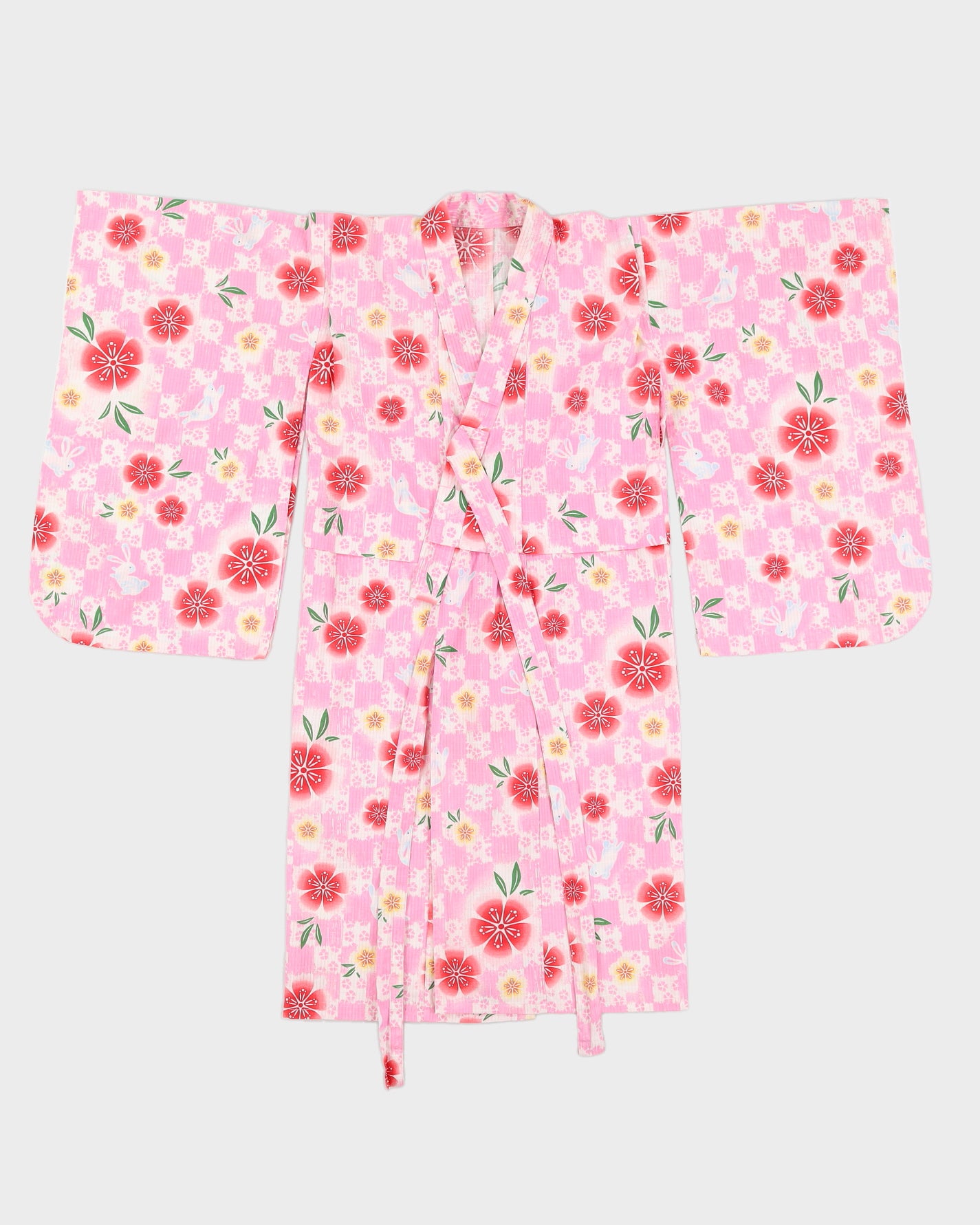 image of Flower and Bunny Print Pink Kimono - XS