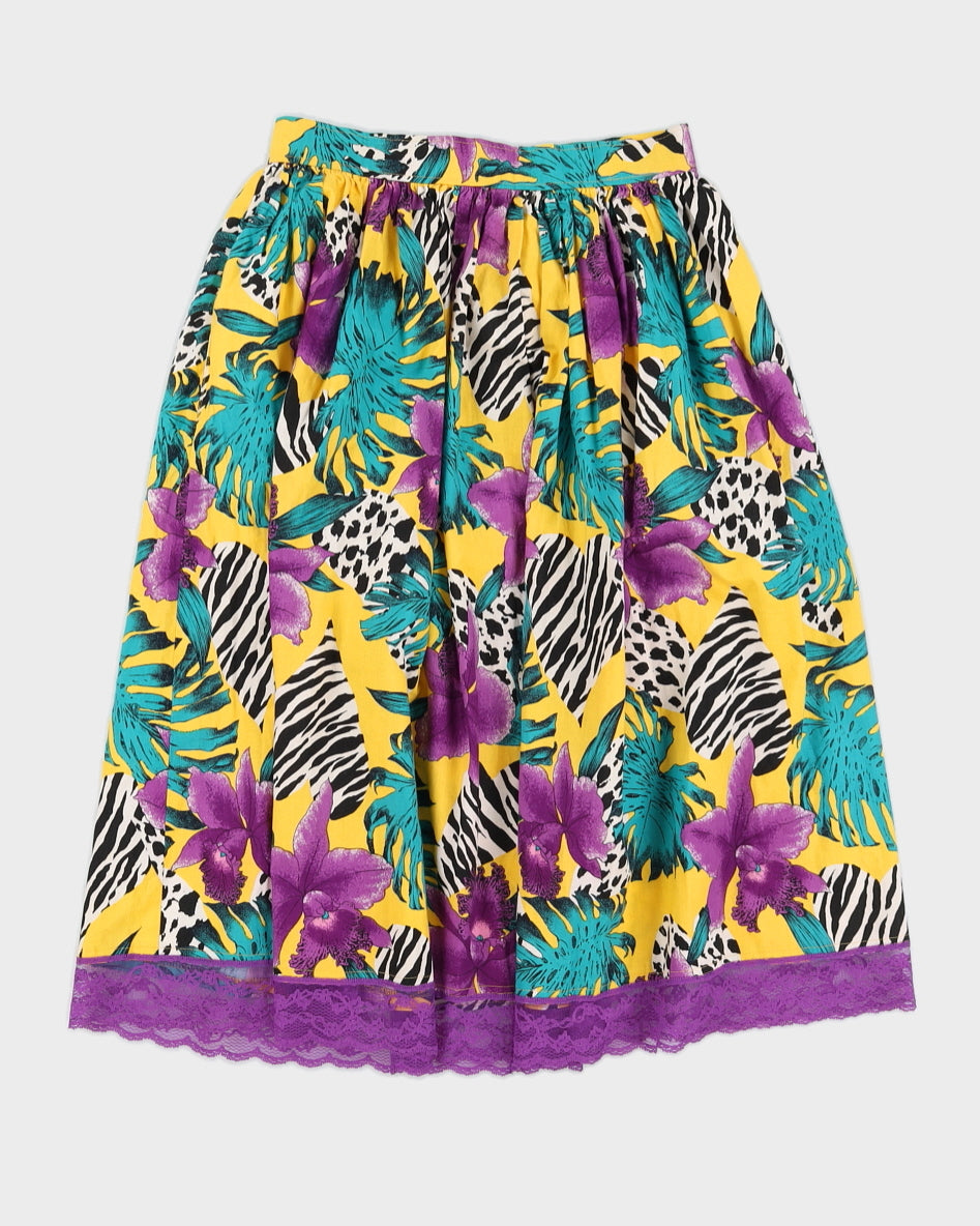 image of Yellow With Purple Floral Pattern Midi Skirt - S