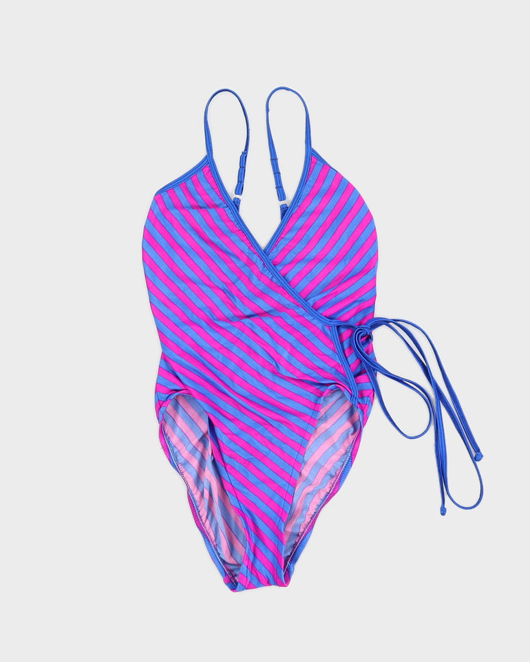 image of Vintage Purple and Blue Striped Wrap Swimsuit - XS