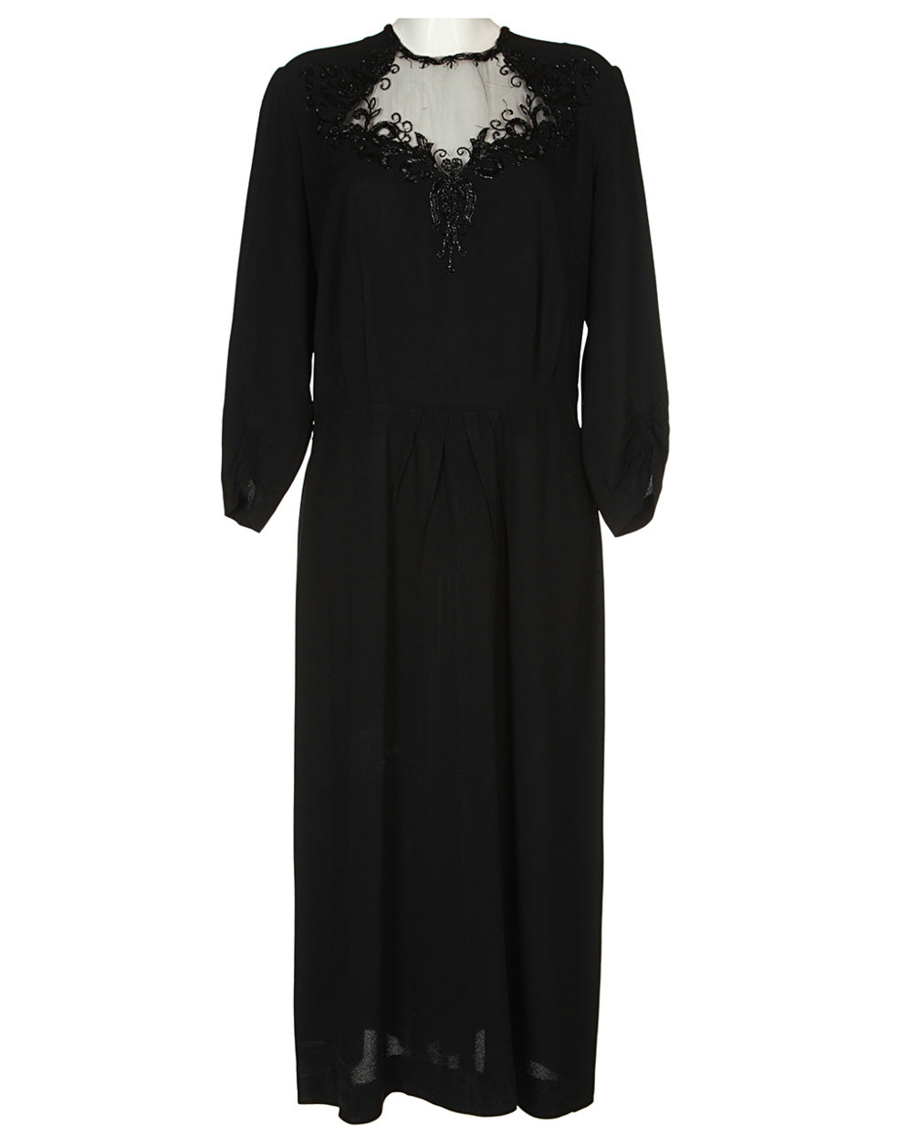 Image of 40s Black Beaded Long Sleeved Dress - M