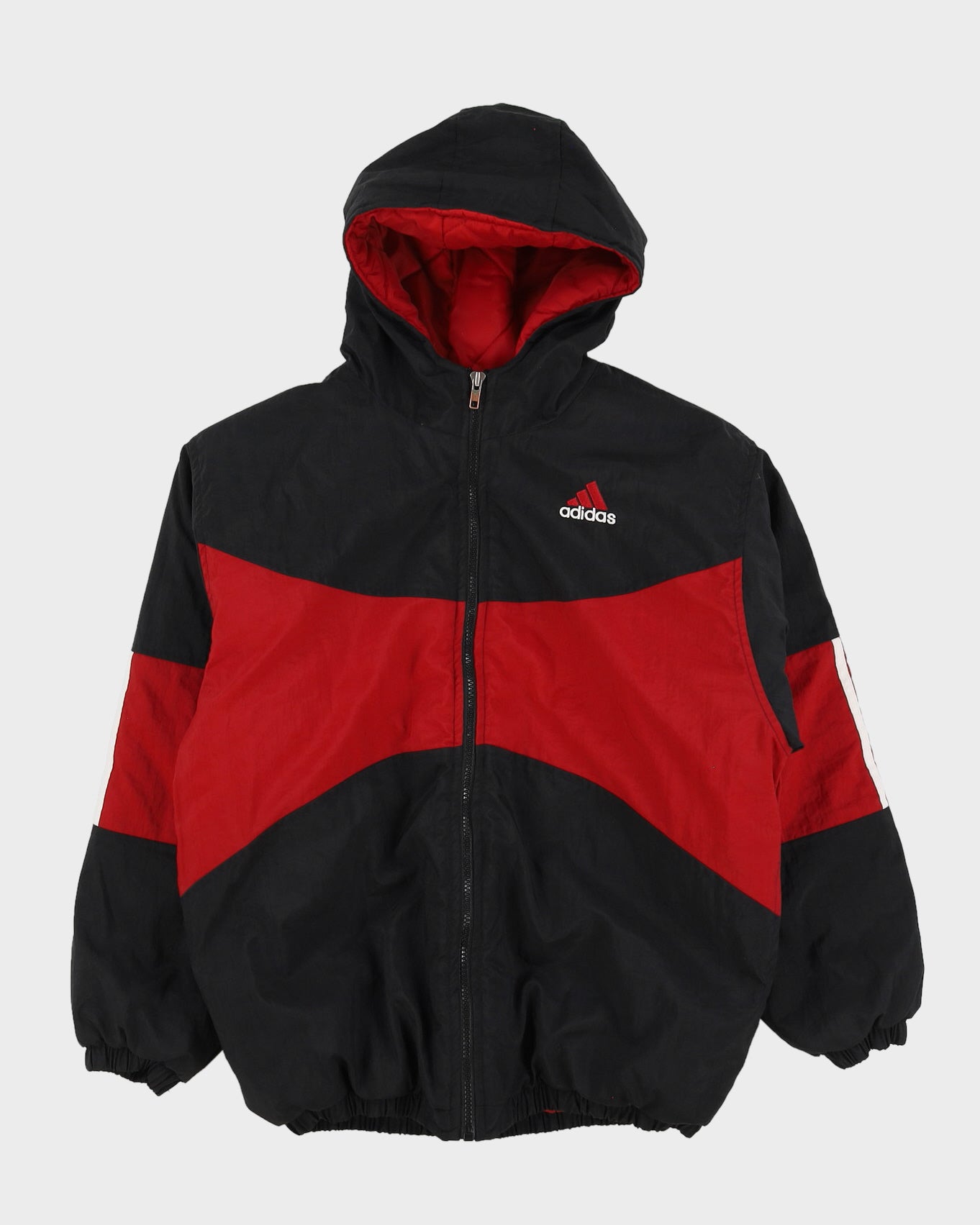 Vintage 90s Adidas Black / Red Hooded Jacket With Embroidery On The Back - L