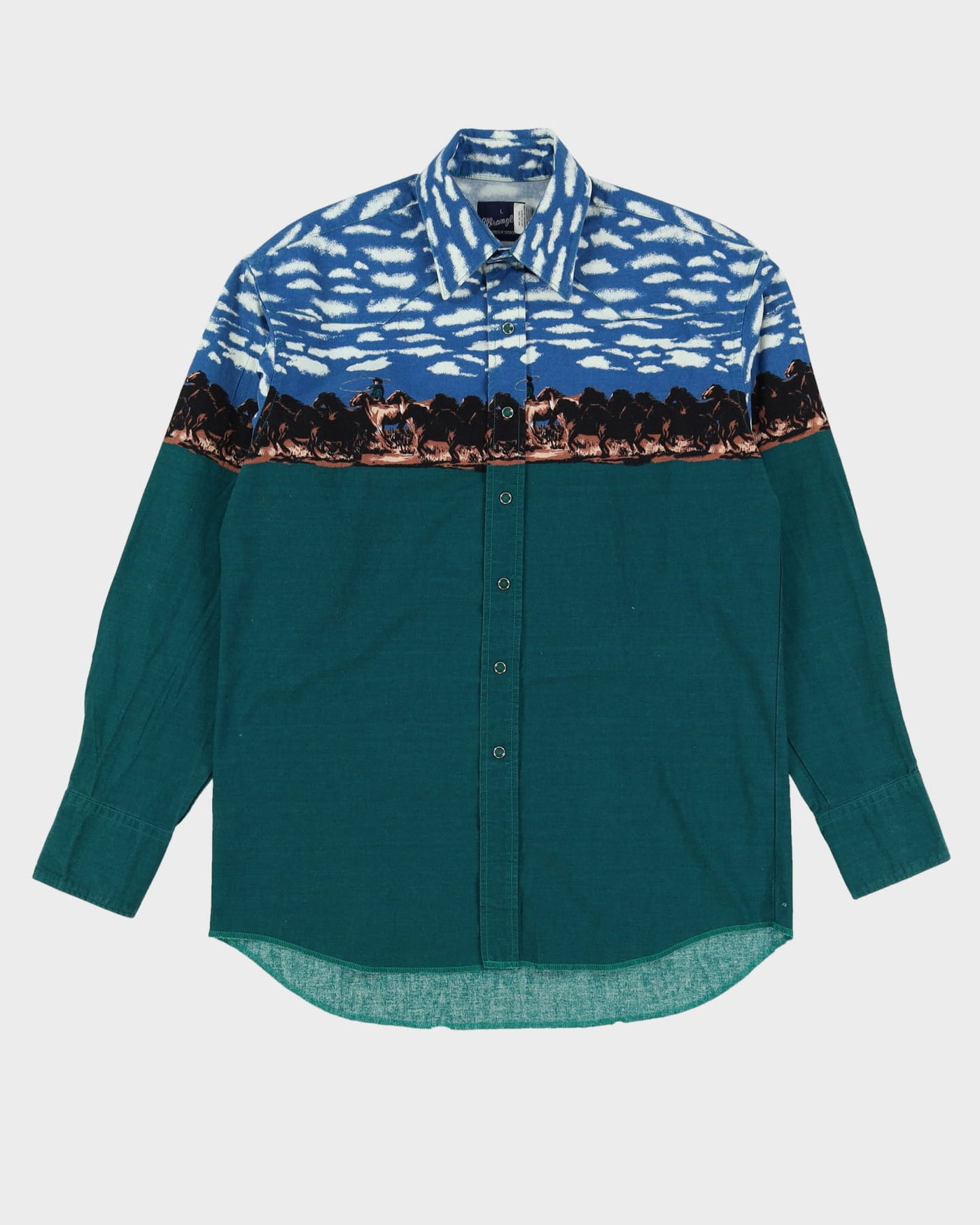 90s Wrangler Green / Blue Sky Horse Patterned Western Shirt - L – Rokit