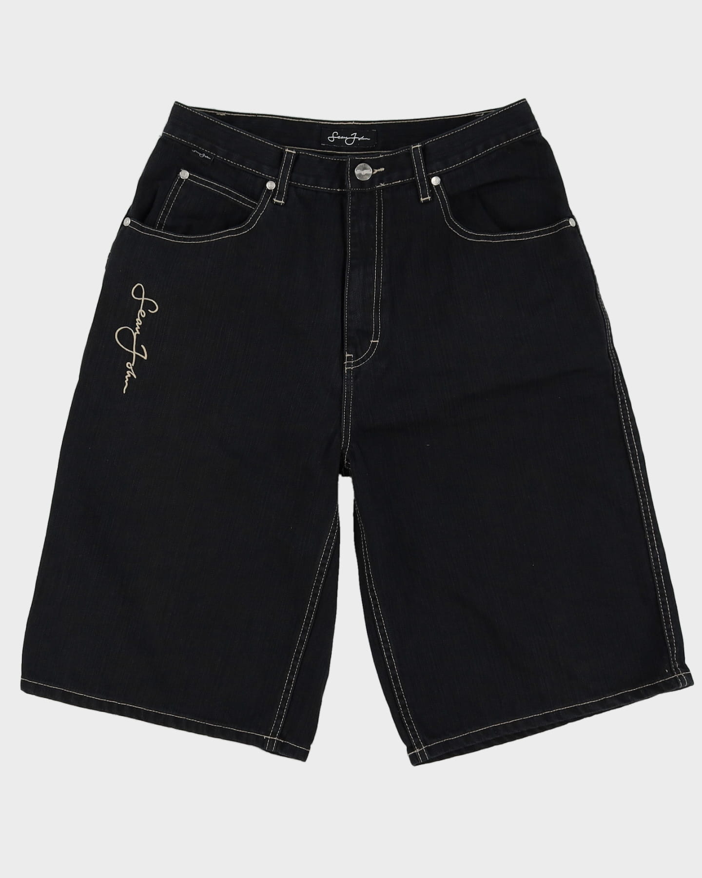 00s Y2K Sean John Baggy Contrast Stitch Black Denim Shorts - W30 – Rokit