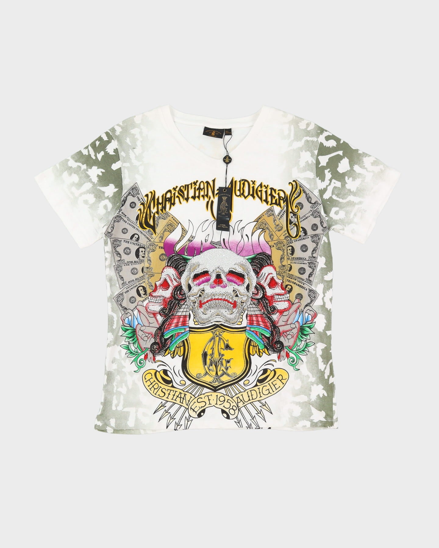 New With Tags Christian Audgier Ed Hardy Style All Over Print White / Multi Coloured T-Shirt - M