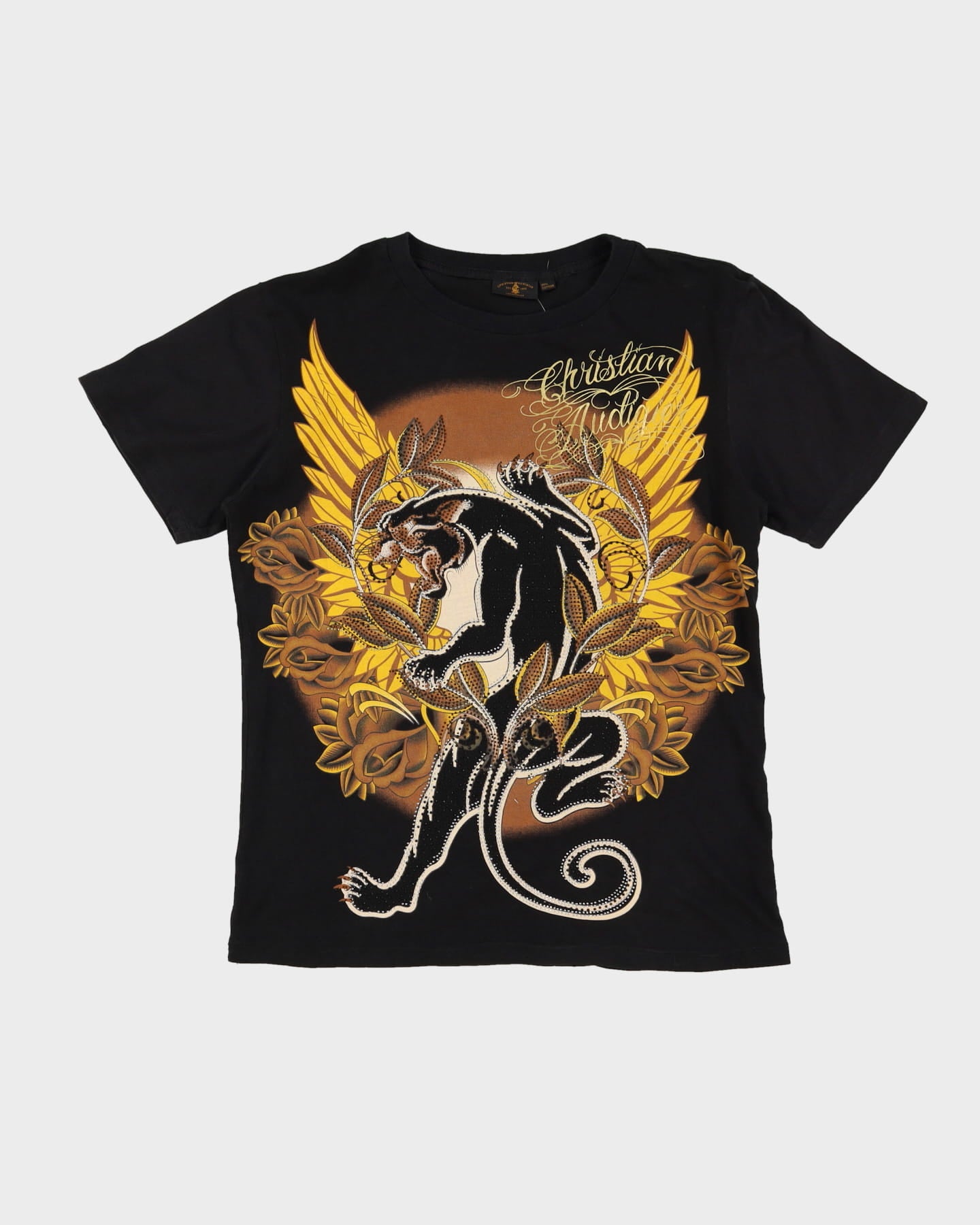 Christian Audgier Ed Hardy Style All Over Print Black Lion T-Shirt - L