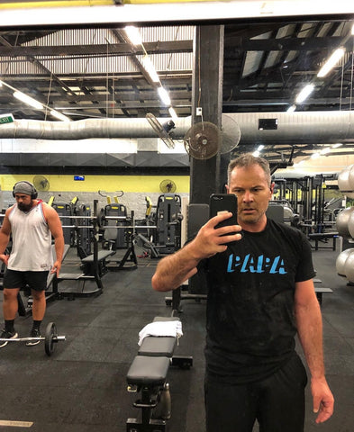 Toa Fraser in black Papa t-shirt at the gym