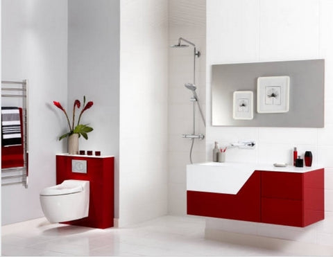 Chic et stylée, la décoration des WC de style contemporain en rouge et blanc, lignes épurées et couleurs franches