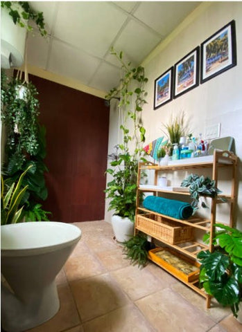 Relooking déco des wc pas cher et très facile à faire avec des plantes vertes, des cadres et une étagère de rangement en bois naturel : effet jungle garanti