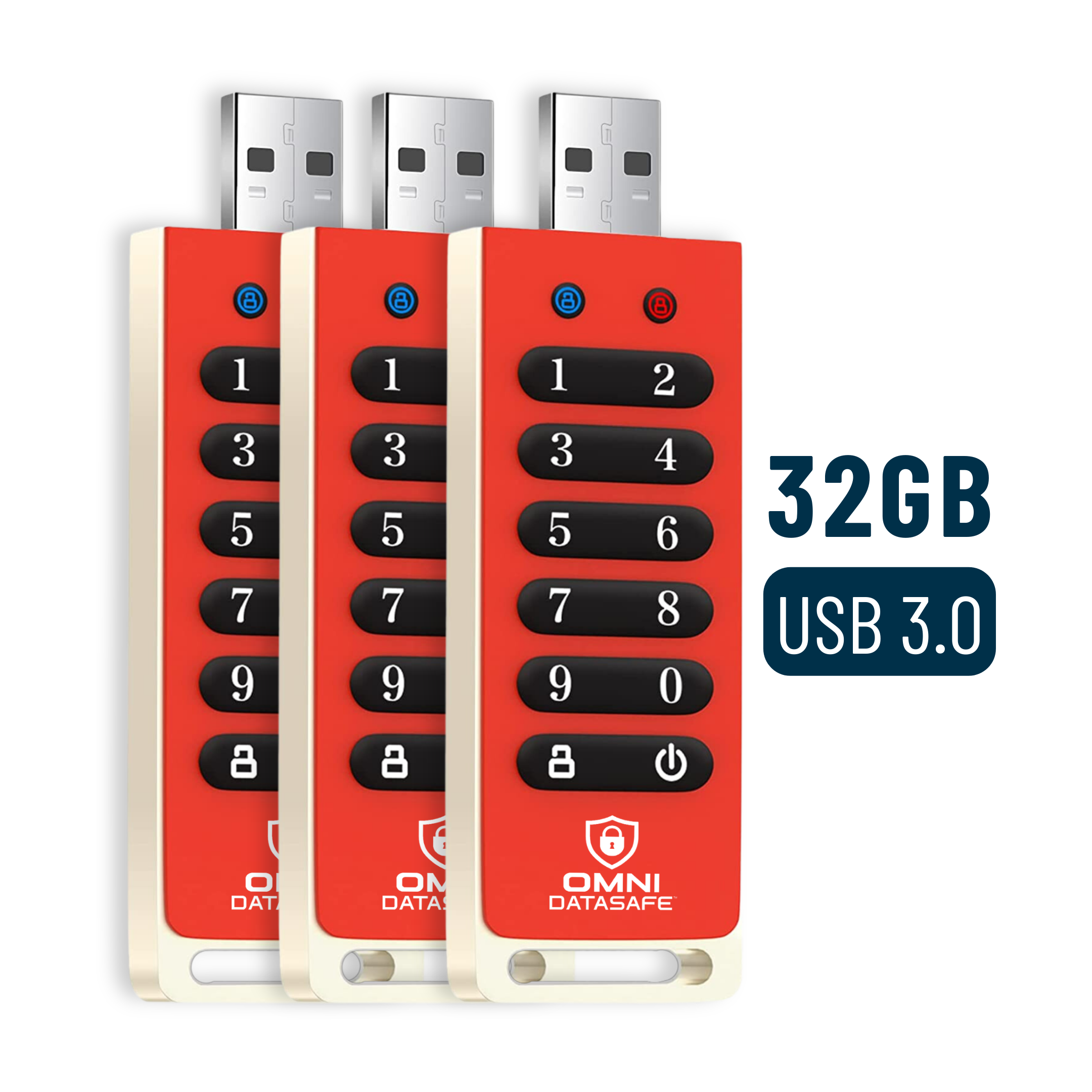 Three red Omni DataSafe encrypted USB Drive