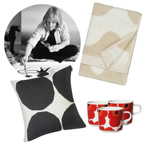 Bildmaterial: Marimekko (Portrait, Kivet Kissenhülle, Lokki Handtuch, Unikko Becher)