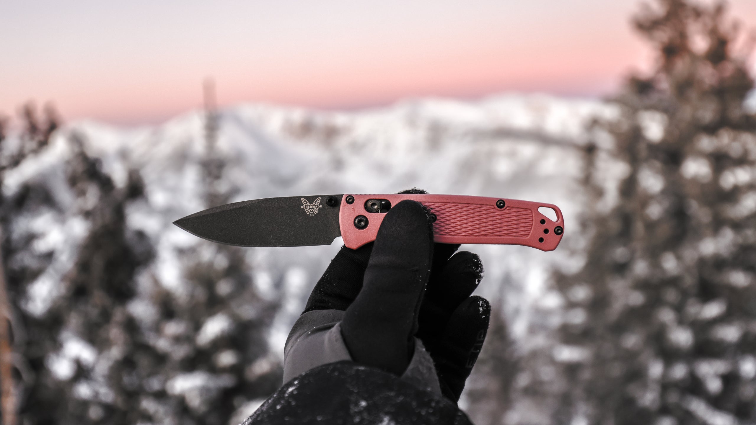 The Bugout in Alpine Glow, held in a skier's hand against a backdrop of snowy mountains