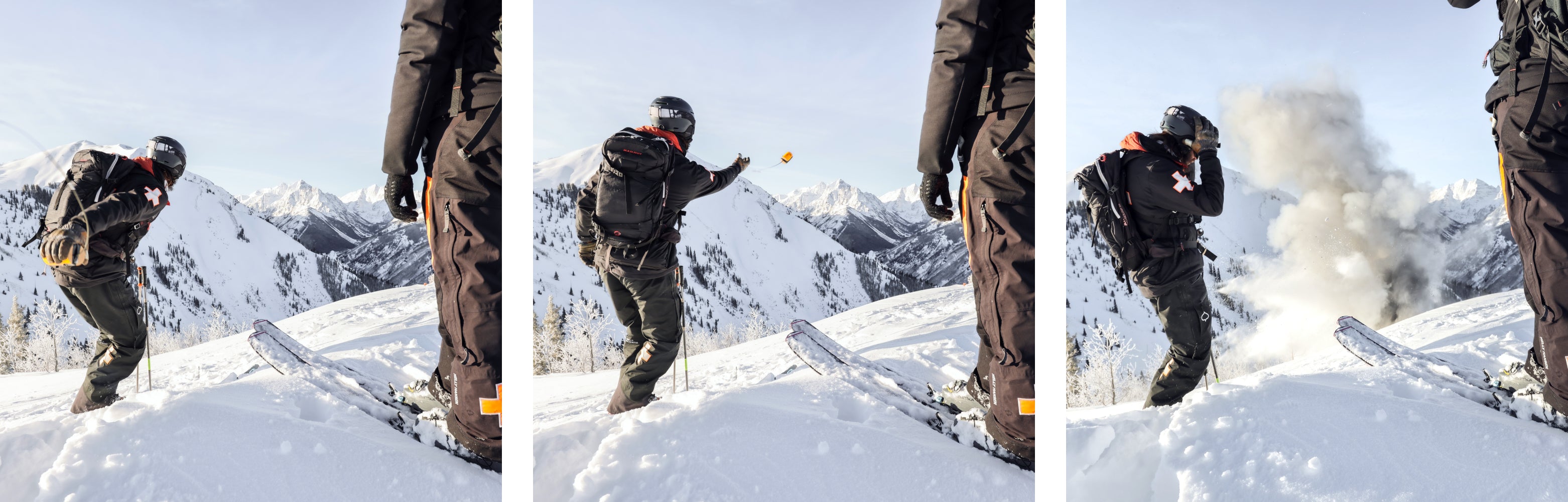 Three images showing Luke tossing an explosive into the snow as part of avalanche mitigation efforts