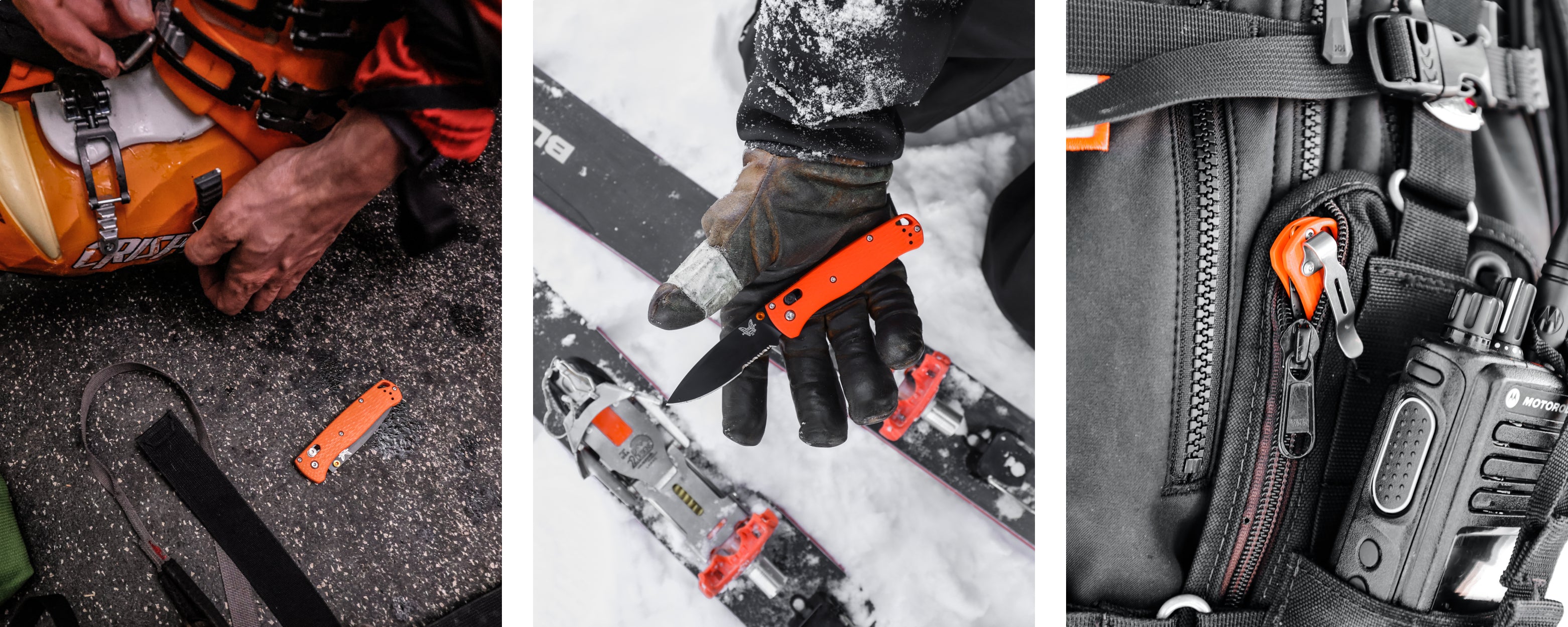 Three images of Luke Demuth's custom orange Bugout pocketknife