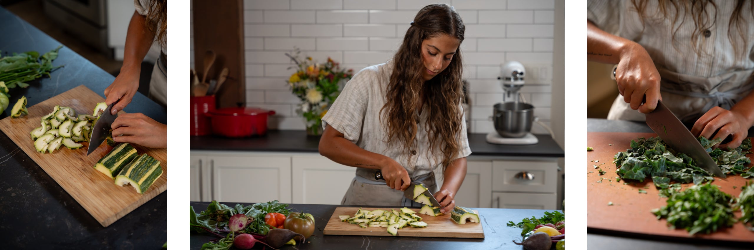 Emily Harkavy chopping squash and kale