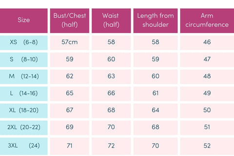 Brighter Day Penny adaptive top Size Chart