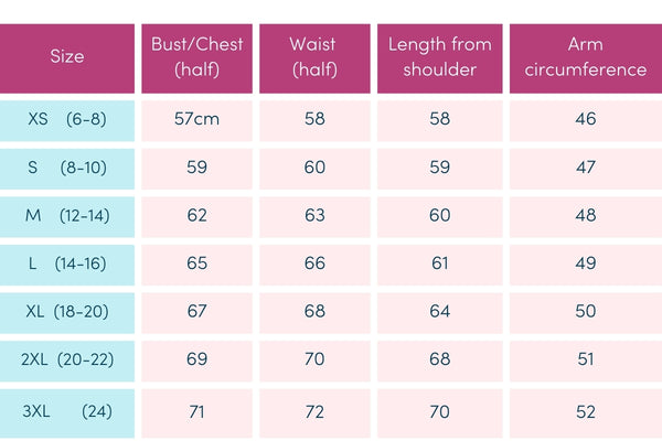 Brighter Day Penny adaptive top Size Chart