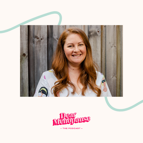 A photograph of Red Headed Jane smiling to camera on a cream background. A blue line runs behind the photograph and below the photograph is the copy "Dear Menopause, the podcast" in pink script