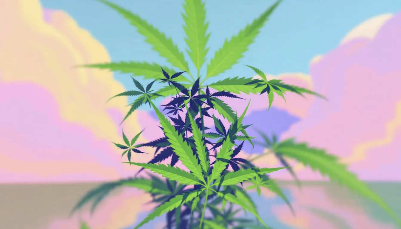 Researcher studying cannabis leaf near laboratory computer