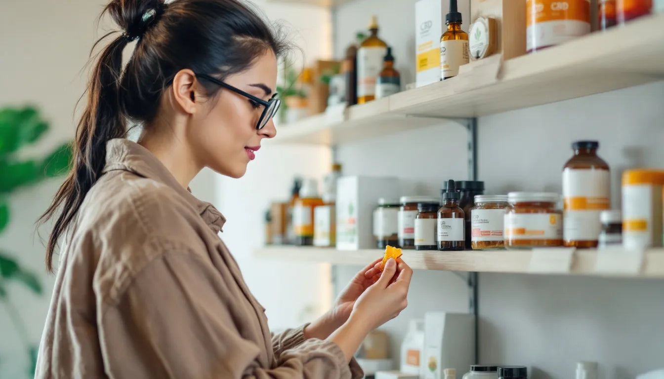 Person looking at CBD products on wellness store shelf